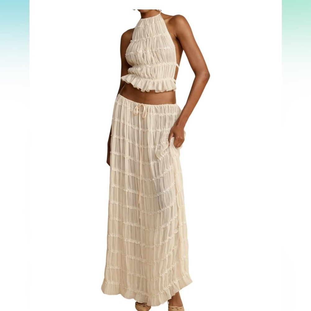 Women Y2K Skirt Set Outfits Strapless Crop Top Bodycon Midi Skirt Dress Sz M